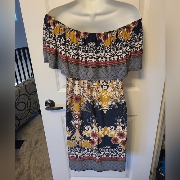 TRIBE Blue off the Shoulder Bohemian Floral MIDI Sundress Dress Size Small NWT - Picture 2 of 8